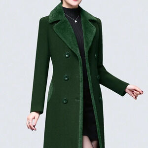 Green Casual Women's Stylish Double-Breasted Notched Lapel Midi Pea Coat